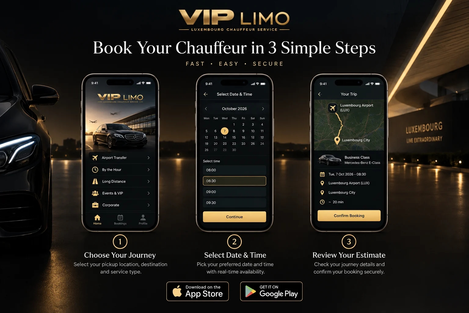 VIP Limo Luxembourg mobile app booking experience