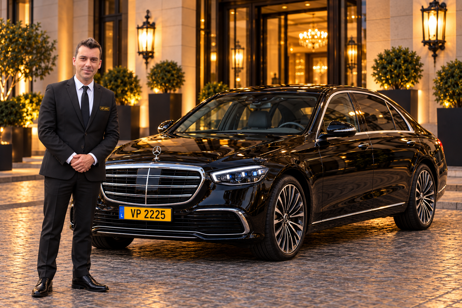 Daniel Lopes, VIP Limo chauffeur, beside a black Mercedes-Benz S-Class in Luxembourg